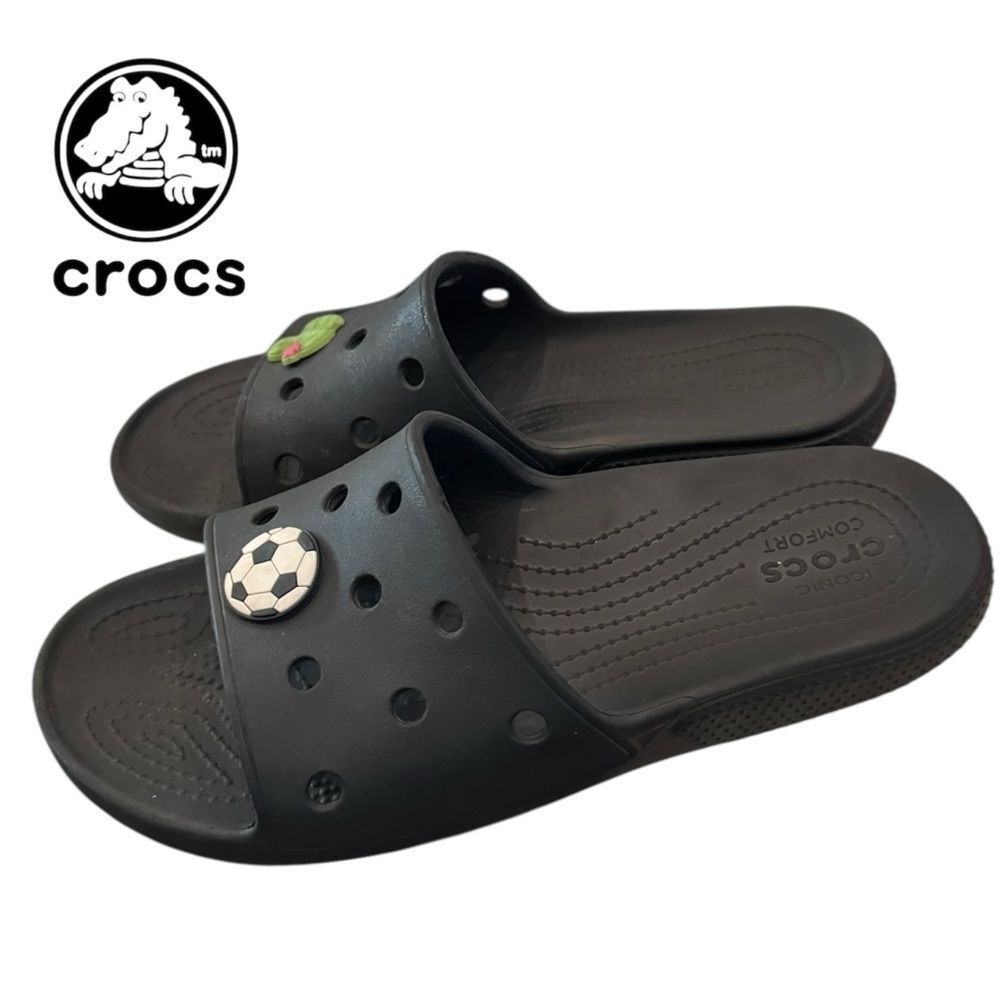 Crocs Classic Black Slide Sandals w/ Jibbitz Charms 10